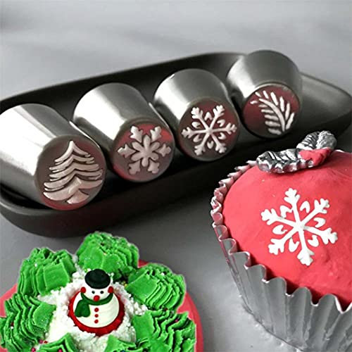 KAISAN 4 Pack Christmas Russian Icing Piping Nozzles Set Xmas Tree Snowflake Pattern Stainless Steel Cake Cream Decorating Tips Baking Cupcake Cookies Pastry Fondant Sugarcraft DIY Tools Kit, Silver
