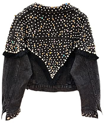 Damen-Jeansjacke, kurze Ärmel, einreihig, mit Nieten, Quasten, Taschen, Umlegekragen, lockere Jacke, Mantel, schwarz, Einheitsgröße