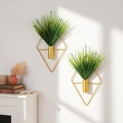 Canlierr Hängepflanzgefäße in Diamantform mit künstlichen Wasserpflanzen, Metallvase, Zimmerpflanzenhalter, Moderne geometrische Wanddekoration für Zuhause, Wohnzimmer, Büro (Gold, Wasserpflanze)
