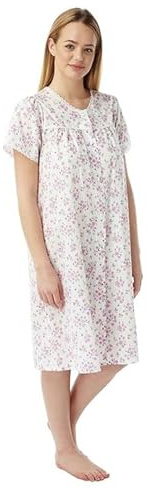 iTRONiK Ladies Pink or Blue or Purple Floral Poly Cotton button through Nightdress Nightie Size 10-32 Plus Size (Pink, 12-14)
