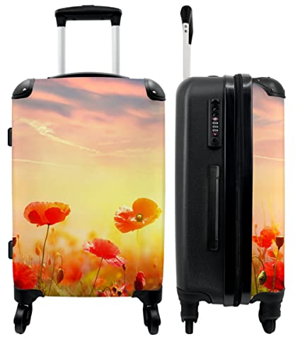 NoBoringSuitcases.com® Koffer groß Trolley Rollkoffer Reisekoffer mit 4 Rollen Fotokoffer - Blumen - Mohn - Sonnenuntergang - Rot - Botanisch - 67x43x25cm - 90 Liter