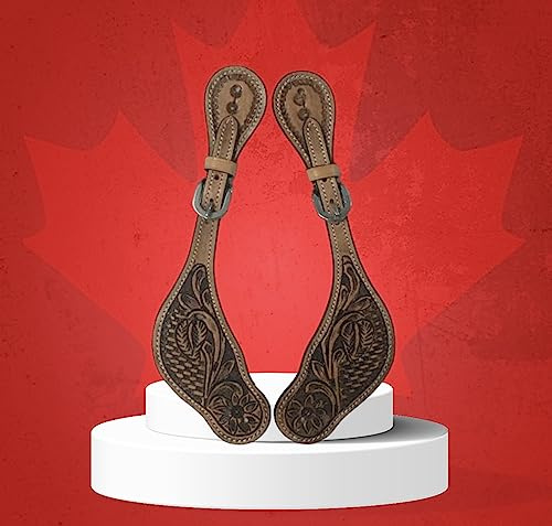 Majestic Ally Western Spur Straps, Genuine Leather, Antique Hand Tooling, Adjustable Stainless Steel Buckle (NAT)