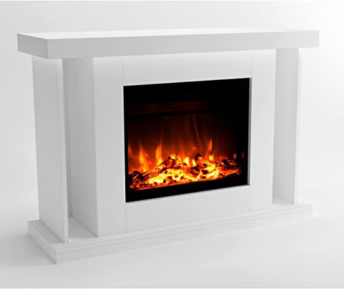 GLOW FIRE Stufa elettrica TARVOS - Caminetto elettrico con riscaldamento, fuoco da camino, fuoco LED in 3 colori, ventilatore, decorazione in legno, telecomando, 120x84x38 cm, Bianco