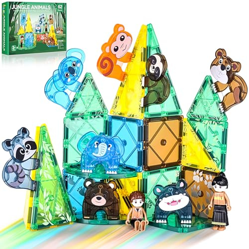 Asago Magnetic Tiles Set for Kids,62PCS Jungle Animals Magnetic Building | STEM Magnet Jungle Animals Educational Magnet Building Toys Montessori Magnetic Tiles Building Blocks Toys For Kids Age 3+