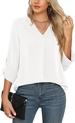 Yommay Blouses for Women Elegant Ladies Chiffon Blouses Tops Lovely Comfortable Long Sleeve Tops V Neck Business Work Shirts,White,L