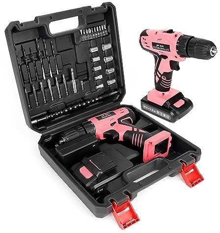 Jar-Owl 21V Pink Cordless Drill Set for Women，350 in-lb Torque, 0-1350RMP Variable Speed, 10MM 3/8'' Keyless Chuck, 18+1 Clutch, 1.5Ah Li-Ion Battery & Charger for Home DIY and Repair - Black & Pink