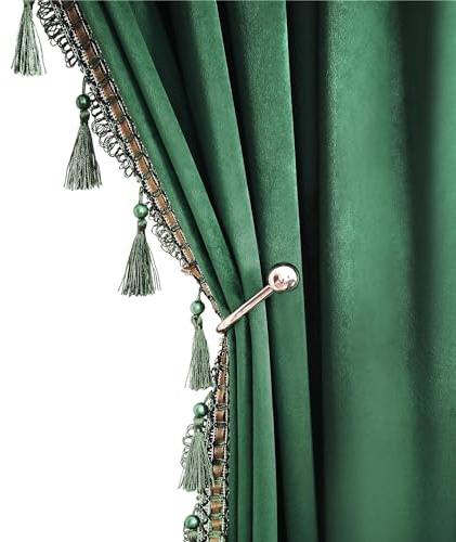 Fazhesici Dark Green Blackout Velvet Curtains 90 inches Long Windows Rod Pocket Drapes with Tassels Soundproof Thermal Curtains for Living Room 2 Panels Set 52 x 90