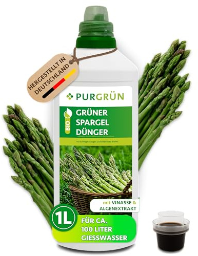 Purgrün® Bio-Grüner-Spargel-Dünger 1 Liter – Organische Rezeptur – Premium-Flüssigdünger – NPK 4+1+7 – Mit Algenextrakt & Vinasse – Extra Kalium für kräftigen & festen Spargel