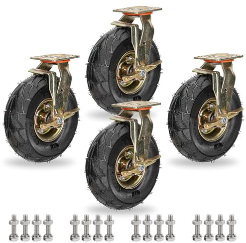 Schwerlastrollen Bockrolle Lenkrolle Bremsrollen 200 250mm 4er-Packung, Leise Doppelte Kugellager Luftreifen Gummirolle, Industrie Transportrollen Mit Metallplatten, Für Trolleys Möbel Werkbank (Colo