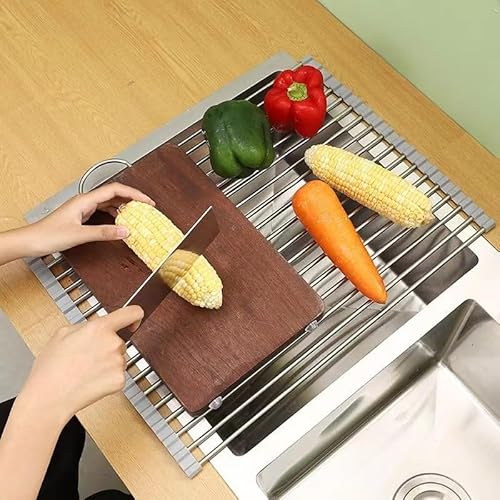Abtropfgestell Geschirr, Aufrollbares Abtropfgitter für Spüle, Faltbare Edelstahl Geschirrständer, Küchen Organizer, Abflussmatte für Tassen, Obst, Gemüse 37x29 cm - Geschirrabtropfgestell