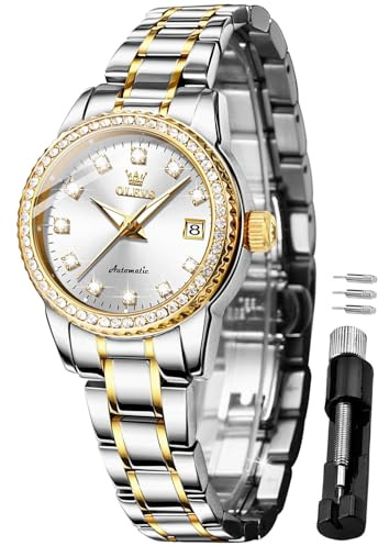OLEVS Montre mécanique de luxe classique à remontage automatique en acier inoxydable pour femme (cadran doré/bleu/noir/blanc), L7003 : bracelet bicolore et cadran blanc
