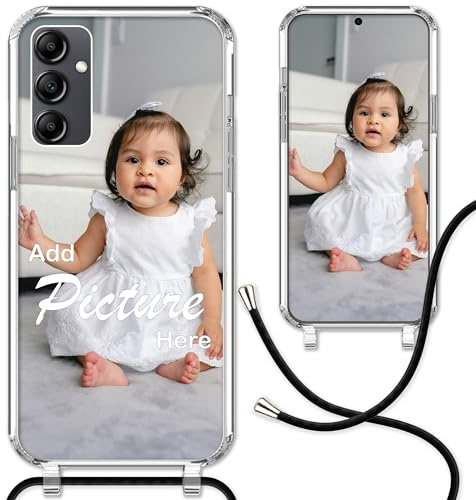 CoverHeld Handyhülle kompatibel mit Samsung Galaxy A14 5G mit schwarzem Band selbst gestalten - Silikon Hülle mit Band personaliseren - Dein Design/Bild - Handykette Kordel Band in Schwarz