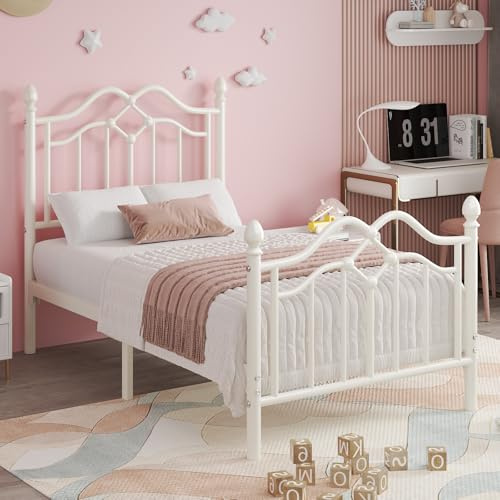 E-Motie Bett 90x200, Metallbett mit Kopf- und Fußteil, Lattenrost, Weiß | Einzelbett 90x200 mit 26,5 cm hohem Unterbett-Stauraum, für Schlafzimmer und Gästezimmer, Metall Lattenrost, Geräuscharm