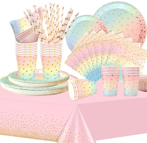 COLANANA Partygeschirr Kindergeburtstag,Schillernd Geburtstag Party Geschirr Set mit Teller Tischdecke Tassen Servietten Papier Strohhalme für Babydusche Geburtstag Hochzeit Party(16 Gäste)