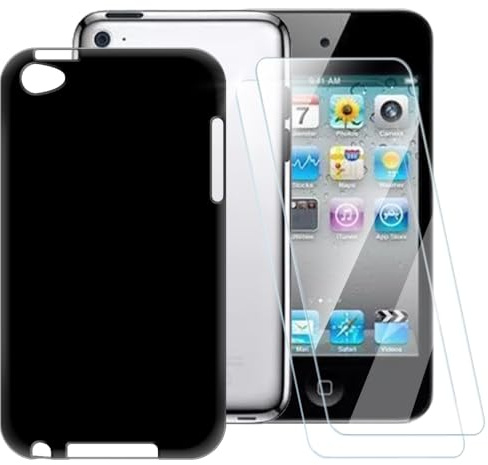 Gehärtetes Glas und Hülle für iPod Touch 4 - Schwarz | 3.5 Bedruckte weiche Hülle und 2er-Pack Displayschutzfolie, kratzfester ultraklarer Schutzschirm