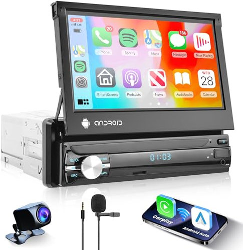 1G+32G sans Fil Android 13 Autoradio 1 Din avec Android Auto Navi GPS WiFi 7 Pouces Manuel Rétractable Écran Tactile Autoradio avec Mirror Link Bluetooth FM/RDS EQ Commande au Volant Caméra de Recul