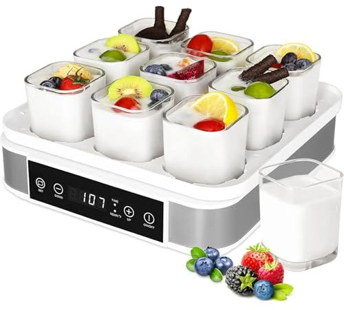 Yogurtera multifuncional de 40 W con 9 tarros de cristal, pantalla táctil LCD inteligente, visión de 360°, control de temperatura y tiempo ajustables, máquina de fermentación para masa de yogur