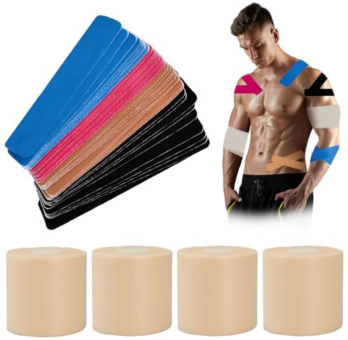 4 Rouleaux Ruban Mousse Sport avec 40 Pièces Bande de Kinésiologie Precut, Tape Kinesiologie, Prewrap Tape, Bande de Soutien Musculaire, Bande Musculaire Imperméable pour Le Sport pour Cheville