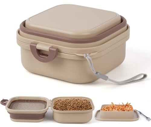 Collapsible Bowl with Cover Lids, Dog Travel Bowls Portable Foldable Cat Water Dish Bowl for Pets Walking Parking Camping, 2-in-1 Portable Food Feeding and Storage Solution (Khaki Large)