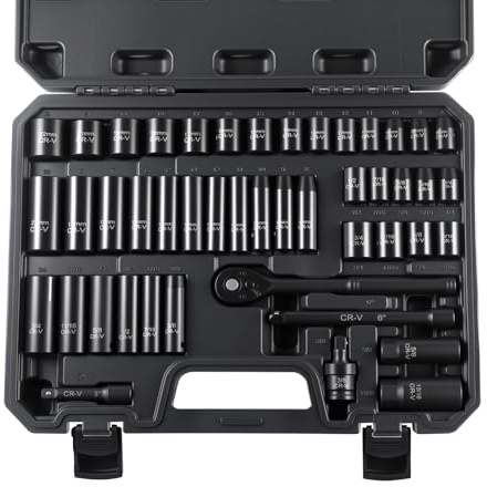 Pamatio 3/8 Drive Impact Socket Set, Deep Impact Socket Metric (6-22mm) & Standard SAE (5/16 to 3/4 inch), 47-Piece,6 Point, Cr-V, 72 Tooth Ratchet Handle, Extension Bar, Universal Joint