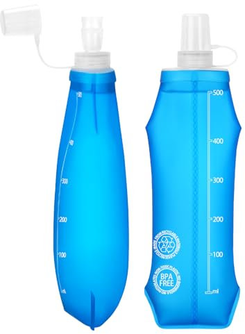Euqvunn 2 Pezzi Borraccia Morbida 500 ML - TPU Senza BPA, Borraccia Pieghevole e Riutilizzabile - Antipolvere e Anti-Perdite, per Gilet Running, Corsa, Escursionismo, Campeggio, Viaggi, Trekking