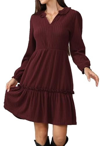 Alaster Queen Damen HerbstKleid Elegant Festlich Winter Herbst Kleid v Ausschnitt Langarm kurz Strickkleid Blusenkleid Partykleid Vokuhila Mit Taschen Autumn Dress，Rot，XL