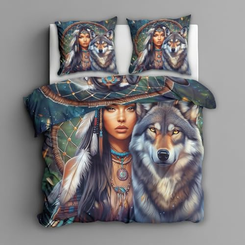 Generisch Bettwäsche Indianer Wolf 2tlg, Deckenbezug 135x200, 1 Kissenbezug 80x80, Traumfänger Tiermotiv Wölfe Wendebettwäsche & Deko, Weiche Mikrofaser Bettbezug Set mit Reißveschluss F80