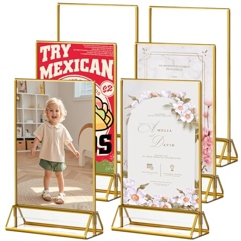 Behogan 6 Pack Goldener doppelseitiger Bilderrahmen, 10*15cm Acryl Tischkartenhalter, A6 Aufsteller im Staffelei Stil, Menü Halter Display, Goldrahmen für Hochzeit Tischnummern, Schicker Flyerständer