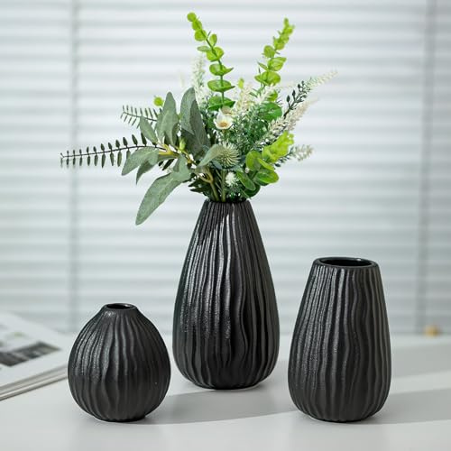 NUPTIO Ceramica Fiori Vaso Nero: Moderno Decorativi Pampas Vasi per Casa Camera Soggiorno Cucina Tavolo - 20cm+16cm+11cm Piccolo Boho Centrotavola per Matrimonio Set da 3 Pezzi