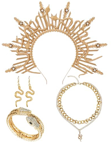 PartyforU Medusa Kostüm Golden Sonnenstrahl Fantasie Schlangen Halo Krone Griechische Göttin Set mit 5 Teilen Ohrringe Halskette Armband Faschingskostüme Karneval Kopfschmuck für Frauen Halloween