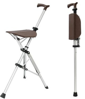 Klappbarer Gehstock mit Sitz, Tragbarer Gehstockstuhl 120 kg Tragfähigkeit, Stockstuhl Wanderstock für Camping Wandern Outdoor Reisen Angeln (Braun)