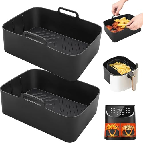 Moule Silicone Air Fryer Accessoire 2 Pièces Réutilisable Air Friteuse Liner Carré Air Fryer Pot en Silicone avec Double Poignée pour Air Fryer Micro-ondes Four Noir 20x12.7x7.6cm