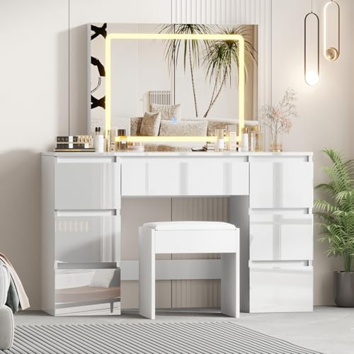 LSBIKE Mode Hochglanz Schminktisch mit Spiegel und Hocker, Frisiertisch mit LED Beleuchtung Licht, Damen und Mädchen 7 Schubladen Make-up Tisch Für Schlafzimmer, Kosmetikzimmer (Weiß)