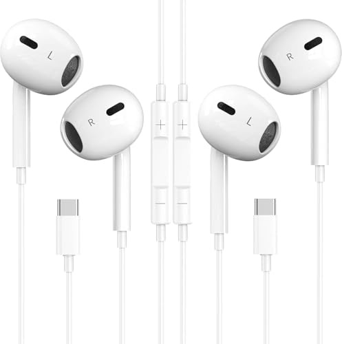 USB C Headphones, 2 Pack Type C Headphones Wired In Ear Earbuds With Mic & Volume Control Noise Cancelling for iPhone 15/16/17,iPad,Samsung Galaxy S25/S24/S23/S22/S21,Pixel 7/6,Huawei,White