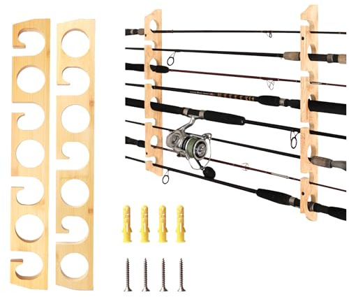 1 paire de supports de cannes à pêche en bois - Support de rangement pour 7 cannes à pêche - Montage au plafond ou au mur - Support mural pour garage, bateau