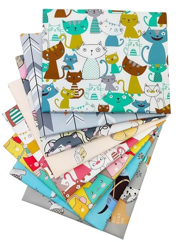 NINGYER 8 Stück Baumwollstoff Stoffpaket, 50 x 50 cm, 100% Baumwolle | Cartoon Katze Patchwork Stoffpaket, Patchwork Stoffe zum Nähen für DIY Bastelarbeiten, Puppenkleidung, Vorhänge, Tischdecken