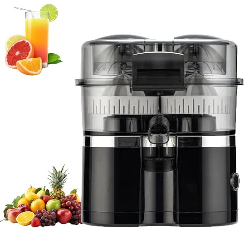 Dual-Head Automatic Citrus Juicer with Built-In Cutter, 18000RPM Electric Orange Juicer Machine, One-Touch Electric Lemon Squeezer with 2 Cones & Cleaning Brush for Orange, Lime, Grapefruit (Black)