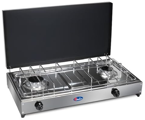 CFParker Fornello 2 Fuochi a Gas Gpl con Pianale in Acciaio Inox e Coperchio Grigio Grafite per Uso Esterno - 5522GSP