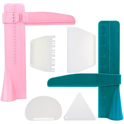 2pcs Adjustable Cake Smoother Polisher with 4pcs Different Scrapers, FineGood Fondant Cream Edge Smoothing Decorating Tools - Green, Pink