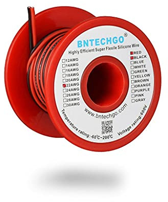 BNTECHGO 22 Gauge Flexible 2 Conductor Parallel Silicone Wire Spool Red Black High Resistant 200 deg C 600V for Single Color LED Strip Extension Cable Cord,Model,25ft Stranded Tinned Copper Wire