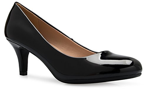 OLIVIA K Women's Comfort Classic Round Toe Kitten Low Mid Heel Dress Pumps, 8.5 B(M) US, Black Patent