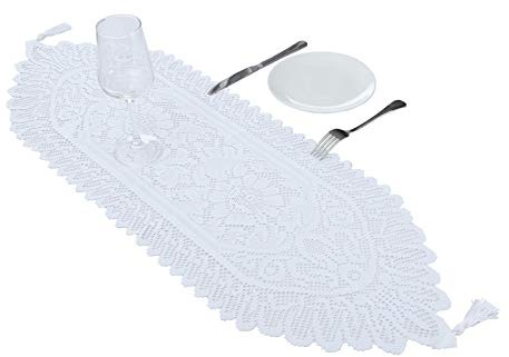 mookaitedecor Vintage Elegant Floral Dinner Table Runner for Desk Decor | White Floral Doily Knitted Table Runner, Retro Wrinkle-free Resistant, Soft Fabric with Tassels, 13x35 Inch