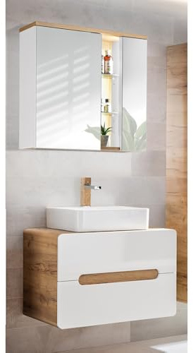 Lomadox Badezimmer Waschplatz Set, Hochglanz weiß mit Wotan Eiche Nb., 80 cm Waschtisch-Unterschrank mit Keramik-Waschbecken & LED-Spiegeslchrank