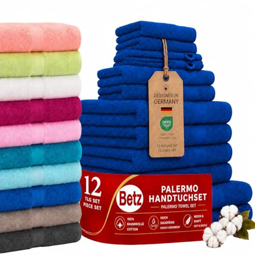 Betz Palermo Handtuch-Set 12-teilig – 100% Baumwolle – Oeko-TEX® Zertifiziert – extra saugfähig & weich – hohe Grammatur – Duschtücher, Handtücher, Gästetücher & Waschhandschuhe Farbe blau