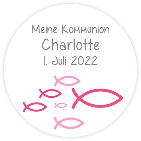 Aufkleber Fisch pink personalisiert für Kommunion, Konfirmation & Taufe - 24 Stück 4 cm
