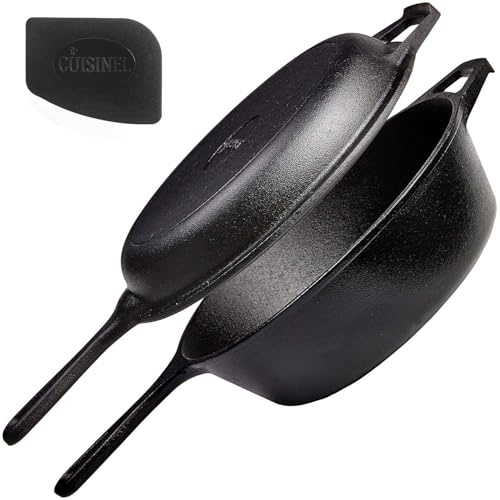 Cuisinel Cast Iron 2-In-1 Multi Cooker - 3-Quart Dutch Oven and Skillet Lid Set Oven Safe Cookware + Black Pan Scraper - Use As Dutch Oven and Frying Pan - Indoor and Outdoor Use - Grill, Stovetop