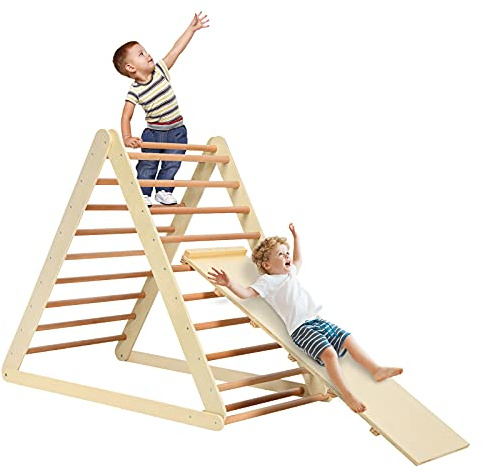 HONEY JOY Triangle Climber with Ramp, 2-in-1 Indoor Toddler Climbing Triangle Set with Ladder & Slide, Foldable Wooden Kids Climbing Toys for Playground, Gym & Daycare, Gift for Boys Girls (Natural)