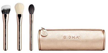 Sigma Beauty Bloom + Glow Brush Set - 3 Makeup Brushes with Gold Makeup Bag - Blush Brush, Contour Brush, and Setting Powder Brush with Rose Gold Makeup Brush Case