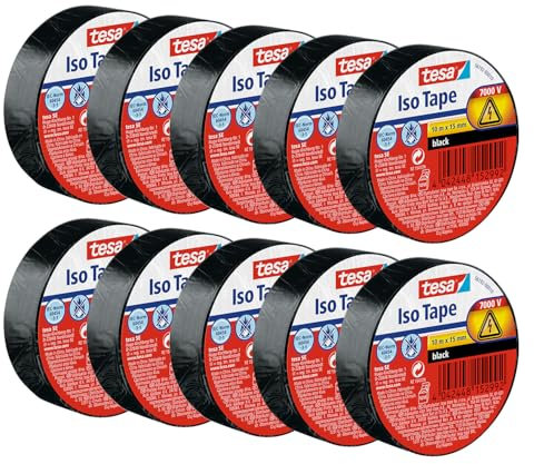 tesa Nastro Isolante in Confezione da 10 - Nastro isolante autoadesivo, resistente al calore - Per isolare, riparare e legare - 10 m - Nero