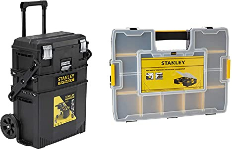 Stanley FATMAX Cantilever Rolling Toolbox Trolley, 4 Level Workstation with Portable Tote Tray for Tools and Small Parts, 1-94-210 & 1-94-745 Sort Master Seal Tight Professional Organiser